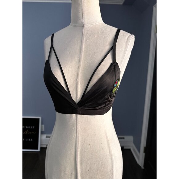 Sam Edelman black strappy bralette with floral patch LARGE - Picture 1 of 5